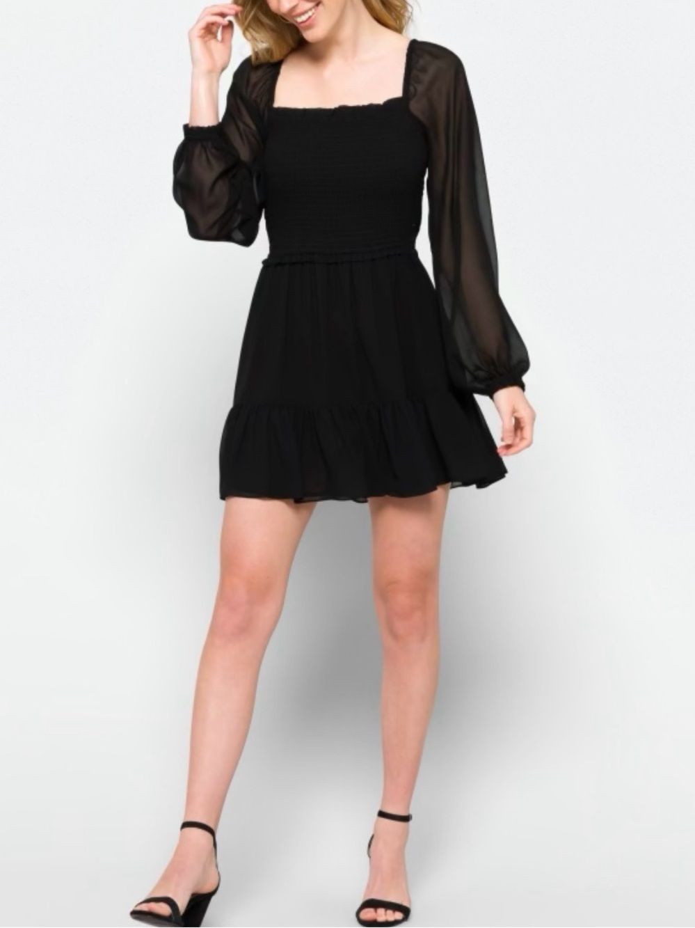 1.STATE Black Smocked Square Neck Ruffle Mini Dress XL Party